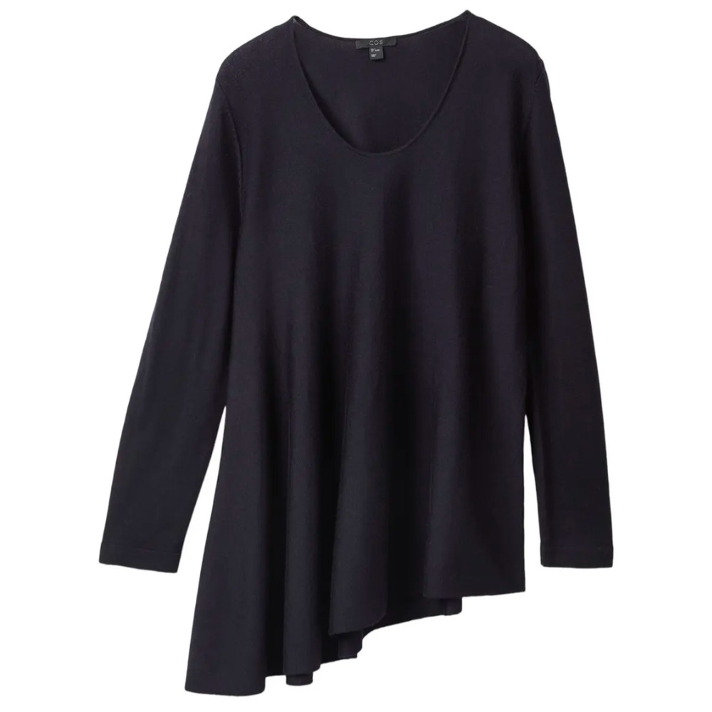 COS Wool Lightweight Knit Asymmetrical Hem Ruffle Long Sleeve Scoop Neck Sweater